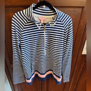 Lilly Pulitzer Striped Blue and White Quarter-Zip Pullover, XL